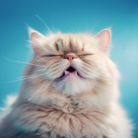 Persian cat yawning on blue background. Shallow depth of fieldの素材