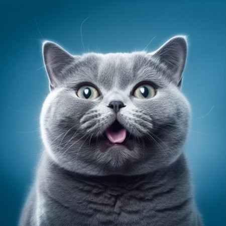 Funny british shorthair cat on blue background. Studio shot.の素材