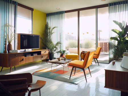 Interior of modern living room with yellow and orange armchairs and tvの素材