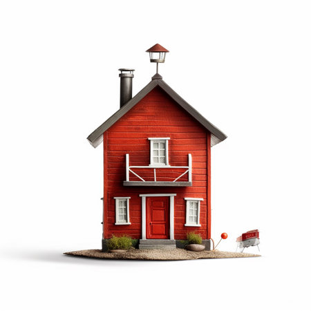 Red wooden house isolated on a white background. 3d illustration.の素材