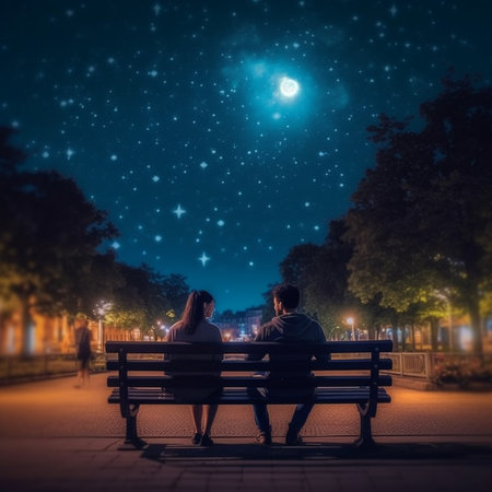 Young couple sitting on a bench in the park and looking at the starry skyの素材