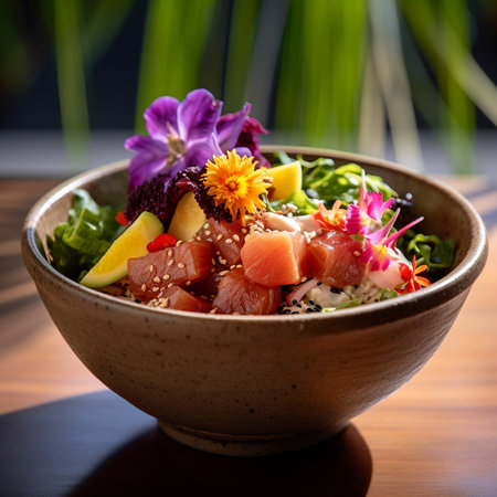 Hawaiian salmon poke bowl with seaweed and sesame seedsの素材
