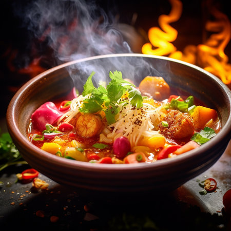 Noodles with vegetables and meat in a bowl on fire backgroundの素材