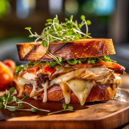 Grilled chicken sandwich with tomato, cheese and microgreens.の素材
