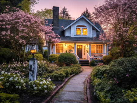 Luxury house in spring garden with blooming sakura.の素材