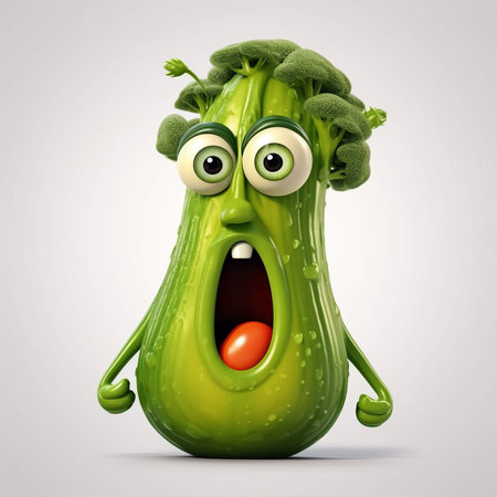 Cartoon character of green vegetable marrow with funny face. 3d illustrationの素材