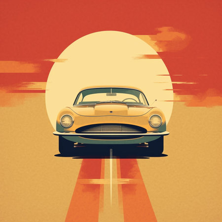 Retro car in the sunset. Vector illustration. Eps 10.の素材