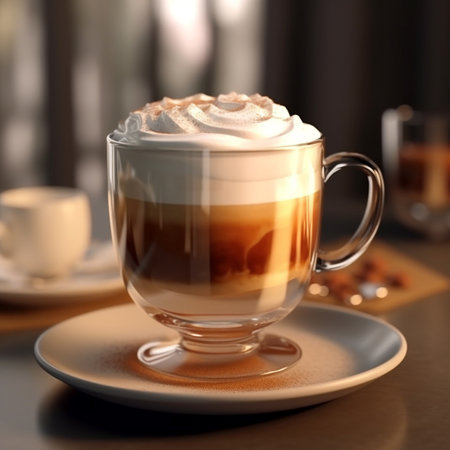 Cup of coffee with whipped cream on table in cafe, closeupの素材