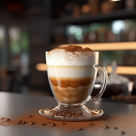 Glass cup of delicious dalgona coffee on table, closeupの素材