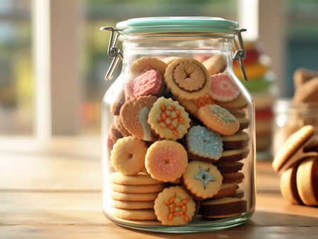 Glass jar with delicious cookies on wooden table in kitchen, closeupの素材