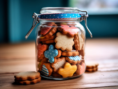 Jar full of colorful cookies on a wooden table. Toned.の素材