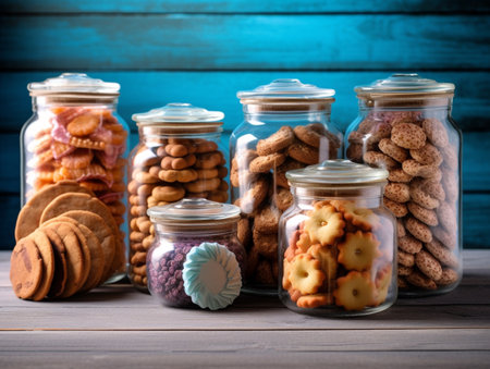 Assorted cookies in glass jars on wooden background. Selective focus.の素材