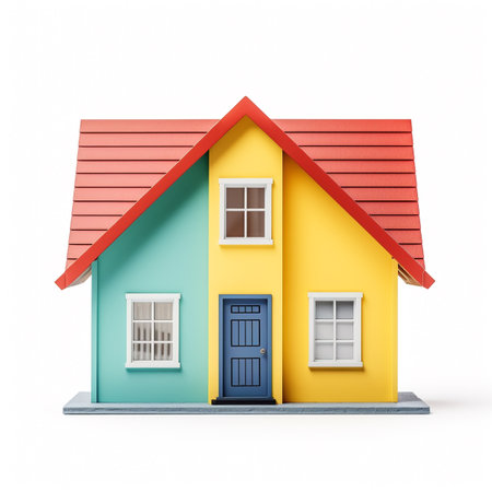House with red roof and blue door isolated on white background. 3d renderの素材