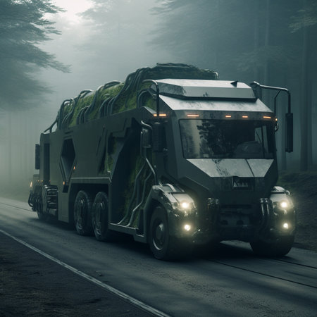 Design image of a lorry in the future moving towards its destination. Aerodynamic and more solid design with additional safety features.の素材