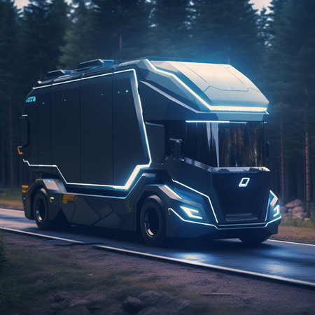 Design image of a lorry in the future moving towards its destination. Aerodynamic and more solid design with additional safety features.の素材
