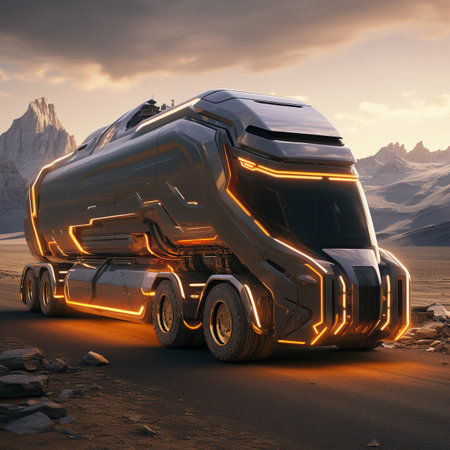 Design image of a lorry in the future moving towards its destination. Aerodynamic and more solid design with additional safety features.の素材
