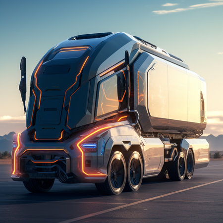 Design image of a lorry in the future moving towards its destination. Aerodynamic and more solid design with additional safety features.の素材