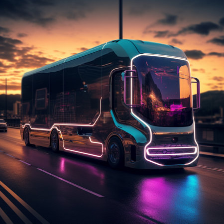 Design image of a lorry in the future moving towards its destination. Aerodynamic and more solid design with additional safety features.の素材