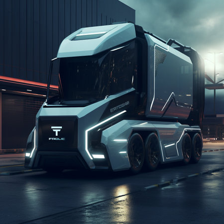 Design image of a lorry in the future moving towards its destination. Aerodynamic and more solid design with additional safety features.の素材
