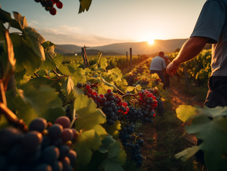Ripe grapes in vineyard at sunset, Tuscany, Italyの素材