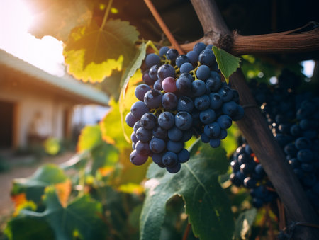 Bunches of red wine grapes ripening in vineyard.の素材