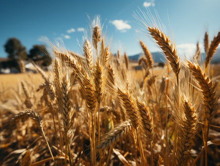 Golden wheat field with blue sky and white clouds in the background.の素材