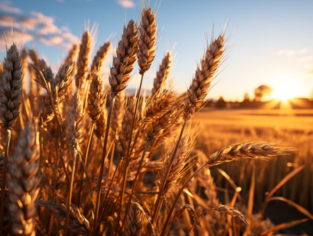 Wheat field at sunset. Beautiful Nature Sunset Landscape. Rural Scenery under Shining Sunlight.の素材