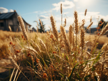 Wheat field and house in the background. Selective focus.の素材