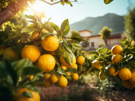 Lemon tree with ripe lemons on sunny day in Sicily, Italyの素材