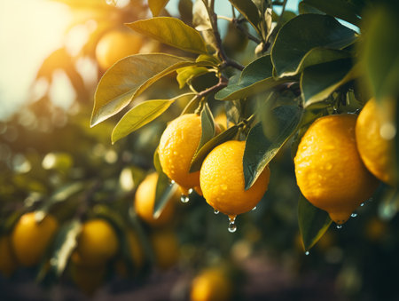 Lemon tree with ripe lemons and rain drops on the branchesの素材