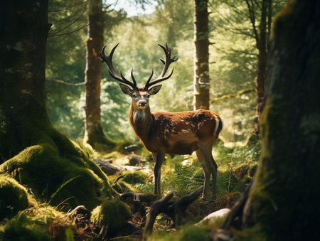 Beautiful red deer in the forest. Wildlife scene from nature.の素材