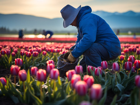 Tulip field in Netherlands, man working in the tulip fieldの素材