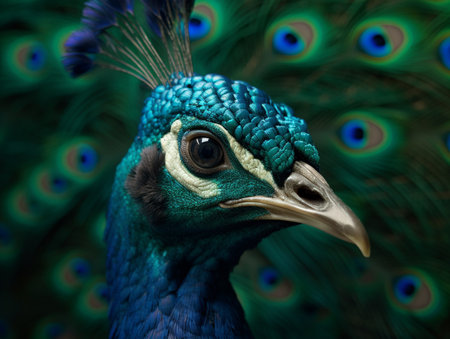 Portrait of beautiful peacock with feathers out, close-upの素材
