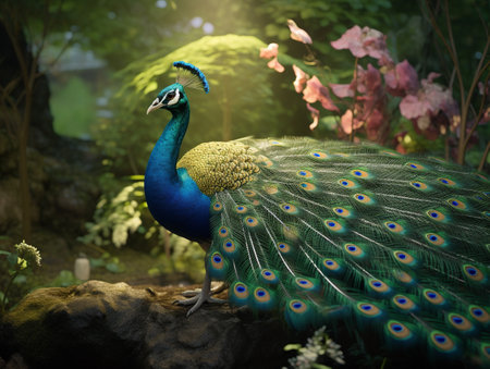 Beautiful peacock with colorful feathers in the garden. Selective focus.の素材