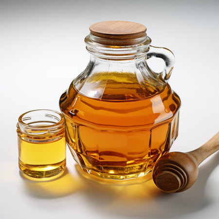 Honey in a glass jar and honey dipper on a white backgroundの素材