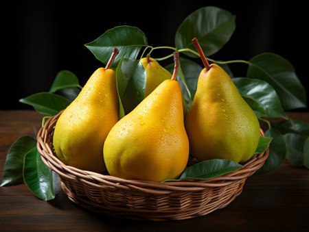 Ripe yellow pears in a basket on a dark background.の素材