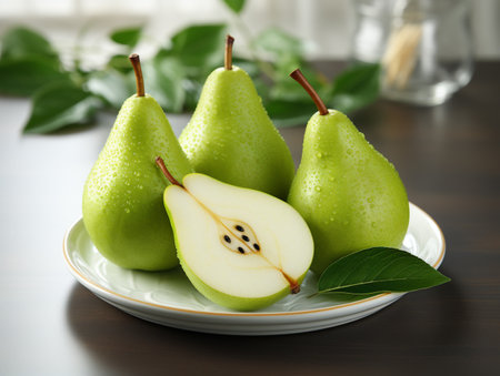 Fresh green pears on wooden table, closeup. Healthy foodの素材
