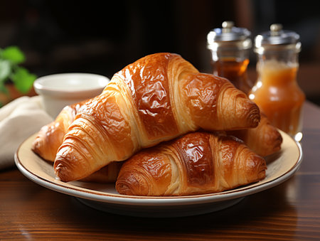Plate with tasty croissants on wooden table, closeupの素材