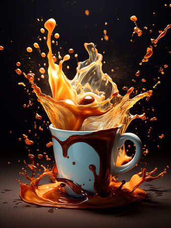 Cup of coffee with splash on dark background. 3d renderingの素材