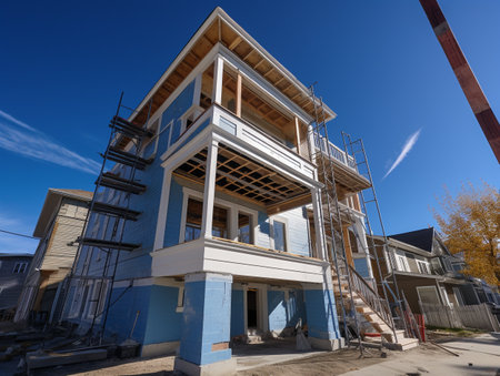 Construction of a multistory house with scaffolding and blue skyの素材