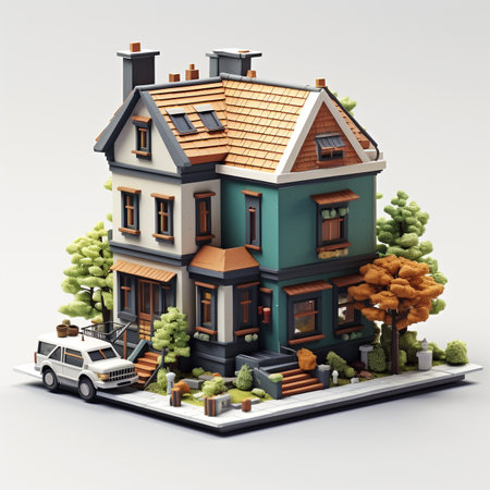 isometric city with big house, car and trees 3d renderの素材