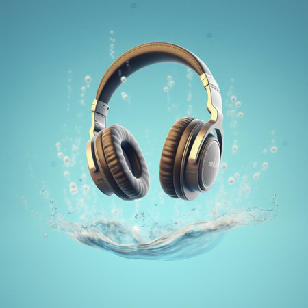 Headphones levitating in the air on a blue background. 3d renderingの素材