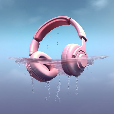 3d rendering of pink headphones floating in water with blue sky backgroundの素材