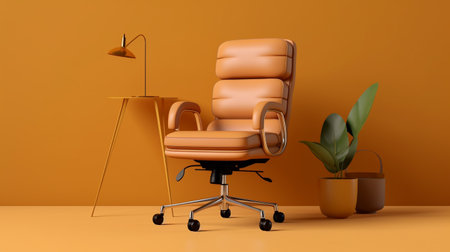 Orange office chair with lamp and plant on orange background. 3d renderingの素材