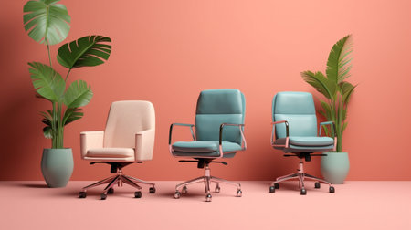 Office armchairs in a room with a tropical plant. 3d renderingの素材