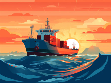 Cargo ship in sea at sunset. Freight transportation. Vector illustrationの素材
