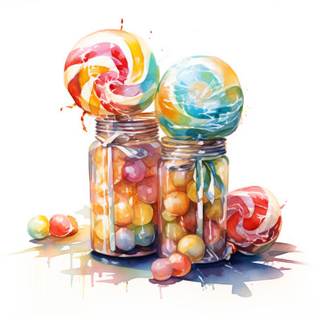 Colorful candies in glass jars. Watercolor illustration on white backgroundの素材