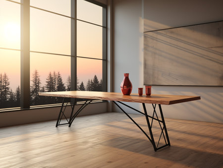 Minimalistic dining room interior with wooden table and two vases. 3D Renderingの素材