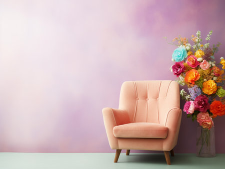 Pink armchair with beautiful flowers on table in room. Interior designの素材