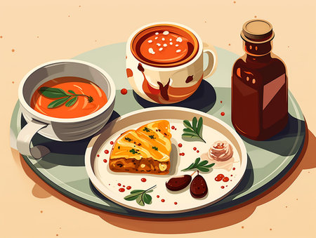 Illustration of a set of food for breakfast. Vector illustration.の素材